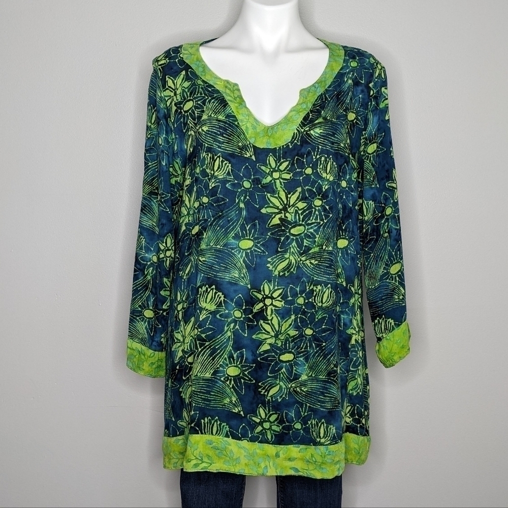 Soft Surroundings Anaisha Batik green blue floral tunic top M